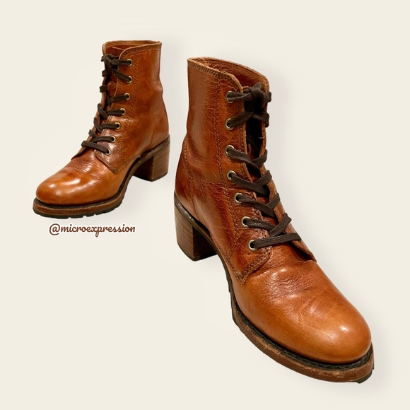 $415 Frye Sabrina 6G Cognac Brown Leather Laced Combat Chunky Heel Ankle Bootie - Picture 13 of 14